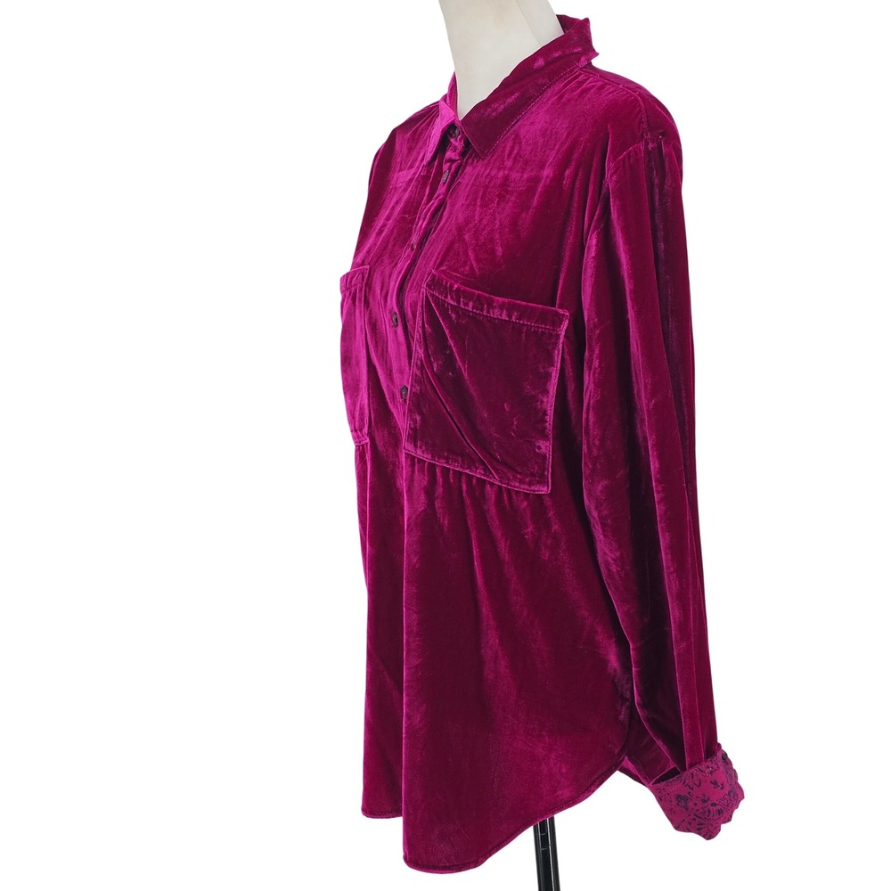 Pilcro Velvet Button Down Shirt M Magenta Pink Bohemian Luxe Whimsigoth Holiday - Picture 3 of 10